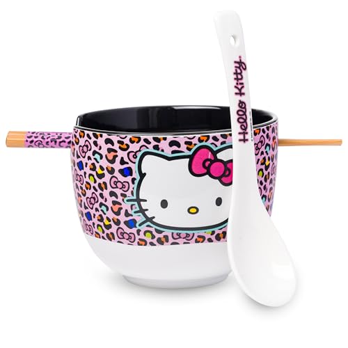 Silver Buffalo Sanrio Hello Kitty Leopard, Ramen Bowl with Chopsticks, 20oz - color: Hello Kitty Pink Leopard Print Spoon, size: 20 Ounces (With Spoon)