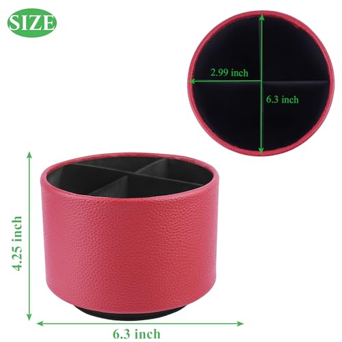 Round Leather Art Supply Organizer,Remote Control Holder,360 Degree Spinning,Multi-Functional Pencil Holder,4 Compartments Desktop Stationary Organizer(1-Lichee Red) - color: 1-Lichee Red