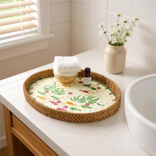 3 Pcs Oval Mother of Pearl Inlay Green Fish Decorative Rattan Serving Tray - color: Green Fish