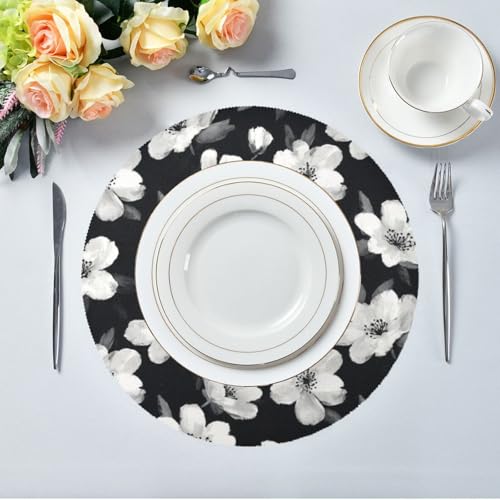 Black White Flowers Round Placemats Washable ‌Heat Resistant‌ ‌Non-Slip Place Mats Table Place Mat for Kitchen Dining - color: Black White Flowers, size: 15.4x15.4inx1