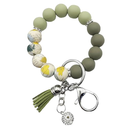 Unpafcxddyig Silicone Bead Keychain Bracelet Wristlet Key Ring - color: Army Green Flower