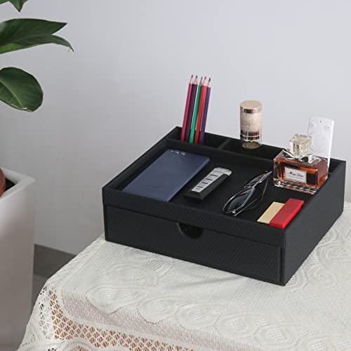 Leather Desk Organizer With Drawers, Home Cosmetics Organizer, Phone Remote Organizer, Drawer Plus Divider & Tray (black) - color: black