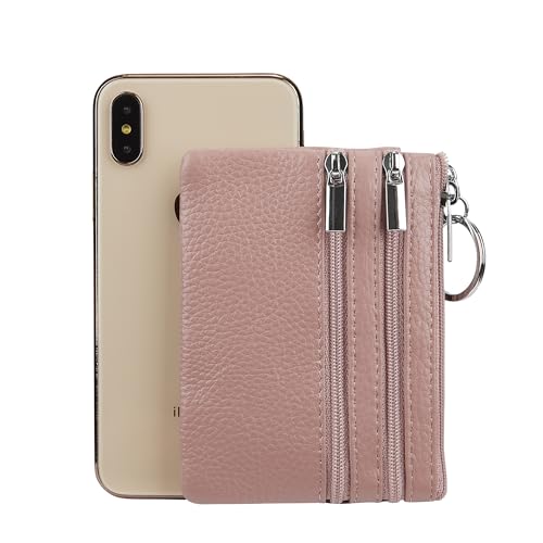 Women Genuine Leather Coin Purse Keychain Change Purse - color: Dark Pink