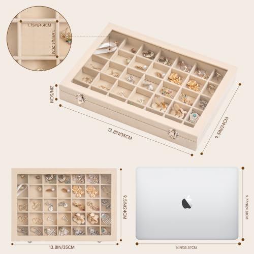 Frebeauty 35 Grid Earring Organizer,Velvet Jewelry Tray with Clear Lid - color: Beige, size: 35 Grid