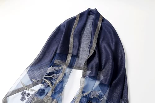 Jeelow Long Silk Blend Embroidered Floral Shawl Scarf Wrap for Women - color: Navy Flowers