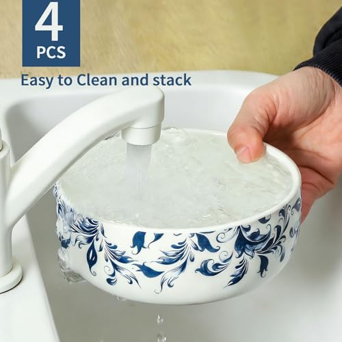 Blue Ceramic Bowl Large Cereal Bowls Set of 4 with Japanese Floral Pattern - color: 4PC white and blue 5