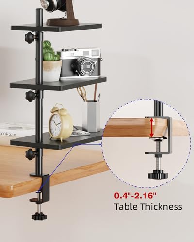 3 Tiers Clamp On Desk Shelf, 360° Angle Adjustable Desktop Shelf Organizer for Home Office Gaming Room, No Drill Desk Extender Adapt to 0.4-2.16 inches Table Thick, Black Brown - color: 3-tier Black