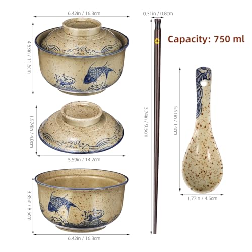 CALLARON 26 oz Ceramic Ramen Bowl Set of 2 with Lids, Spoons and Chopsticks