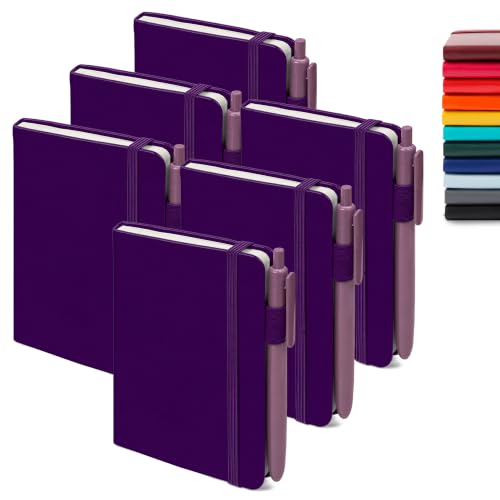 feela 6 Pack Pocket Mini Notebooks Bulk, Small Cute Memo Notepads Hardcover College Ruled Lined Journals with Pen Holder for School Business Work, with 6 Black Pens, 3.5”x 5.5”, A6, Purple - color: 6 Purple