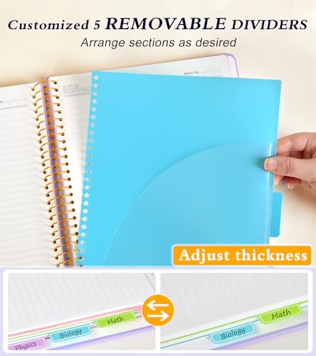 5 Subject Notebook College Ruled with Removable Pocket Dividers Tabs, 240 Pages Spiral Notebook 8.5 x 11, Lined Journal Notebook for Women , Hardcover Notebooks for Work School Note taking A4 Purple - color: Purple, size: A4