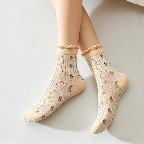 DXYAKY 5 Pairs Womens Floral Cotton Socks Vintage Patterned Crew Socks Novelty Ankle Ruffled Warm Casual Dress Socks - color: 5 Pairs - Colorful Floral