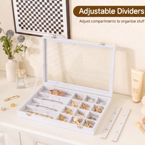 Frebeauty 24 Grid Earring Organizer,Velvet Jewelry Tray with Clear Lid - color: White, size: 24 Grid