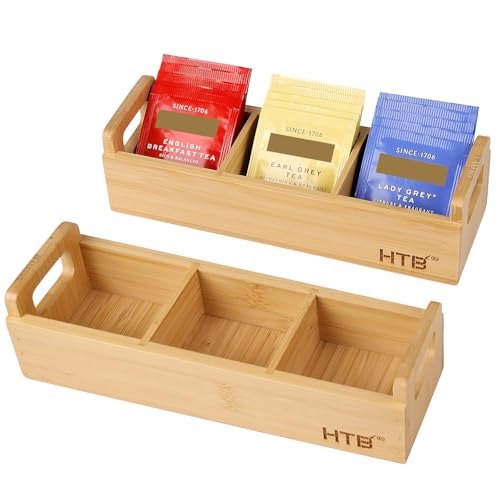 HTB Small Bamboo Tea Bag Holder Pack of 2 with 3 Compartments - color: Bamboo 2PCS