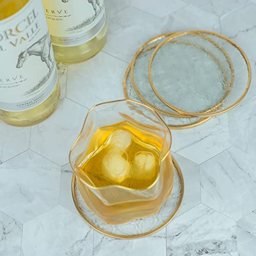 Glass Gold Coasters Set of 4, Round Cup Coaster Set with Carved Glass Stylish for Coffee Tea Wine Coasters for Bar Drink with Brass Edge Coasters Home Decor - color: Round
