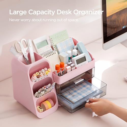 HBlife Desk Organizer with Pen Pencil Holder for Desk, Pen Organizer with 2 Drawers, Desk Organizers and Accessories with 4 Compartments, Desktop Storage for Office Home School Art Supplies, Pink - color: Pink