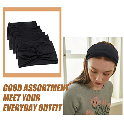 Wide Headbands for Women, Black Turban Headband Stretchy Twisted Head Wraps for Girls Yoga Workout Sports Head Bands For Women's Hair,Pack of 6 - color: Black