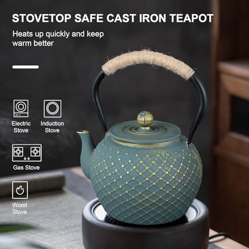 Ufine Cast Iron Teapot for Stove Top with Stainless Steel Infuser - color: Blue Grid