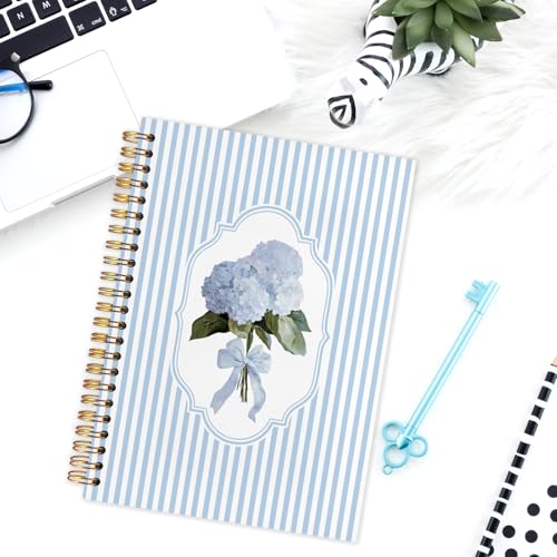 Blue Hydrangea Floral Spiral Notebook,Preppy Girly Hydrangea Bouquet Journal for School Office Supplies,Aesthetic Blue Striped Hardcover Journal 5.5x8.3 Inch - color: Bule Stripe Hydrangea