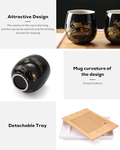 Dujust Japanese Tea Set, Black Porcelain Tea Set with 1 Teapot Set, 6 Tea Cups, 1 Tea Tray, 1 Stainless Infuser, Beautiful Asian Tea Sets for Adults, Tea Lover/Women/Men (Countryside in Golden) - color: Black