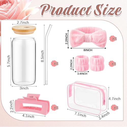 FoldTier 8 Set Spa Sleepover Party Supplies for Girls Include 16oz Glass Cups Headbands, Wristbands, Hair Claw Clips and Clear Cosmetic Bag for Women Slumber Weekend Bridesmaid Party Gifts (Pink) - color: Pink