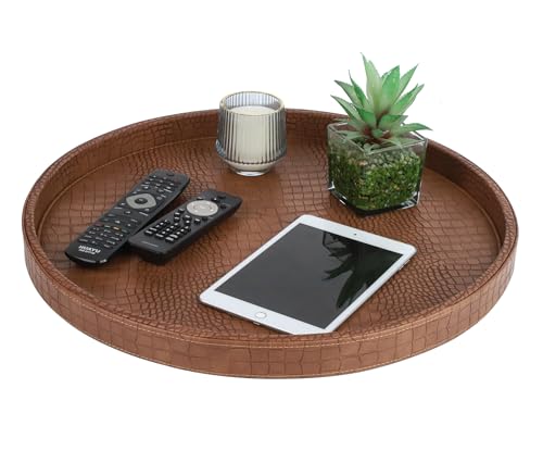 HofferRuffer Round Serving Tray 20'', Elegant Faux Leather Circle Ottoman Table Tray, Serve Tea Coffee Breakfast in Bedroom Living Room Kitchen (Brown) - color: Antique Brown, size: 20"
