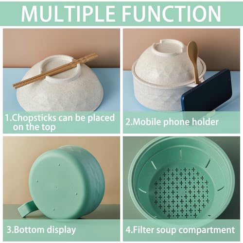 2 Sets 40 oz Microwave Ramen Bowl with Handles, Beige, Light Green - color: Beige, Light Green