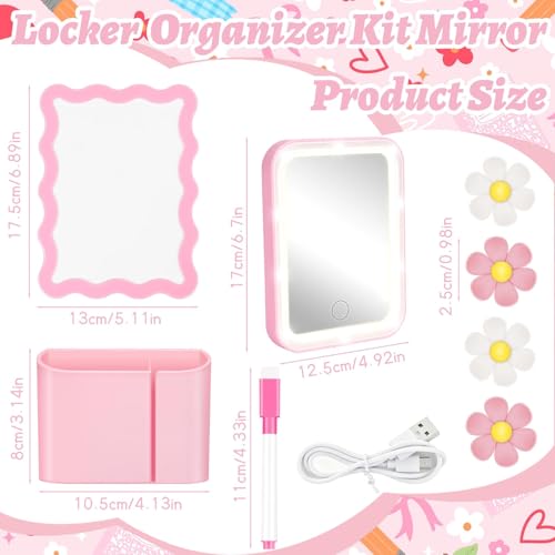 Pink Locker Accessories Kit Back to School Essentials Includes Locker Light up Mirror Magnetic Whiteboard Pen Holder Magnetic Flower Decoration and Organizing Supplies Backing for Girls