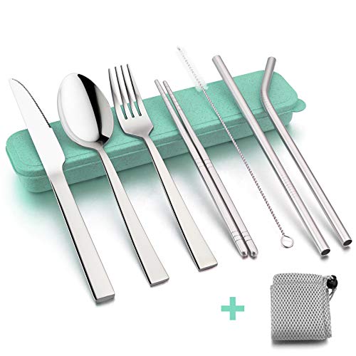 HaWare Portable Travel Utensils with Case, Stainless Steel Silverware Set for Camping Office School Lunch, Including Knife Fork Spoon Chopsticks, Reusable and Dishwasher Safe(Green) - color: Green Case
