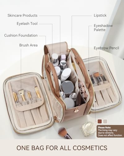 Prite Large Makeup Bag, Waterproof Travel Cosmetic Case with Brush Holder - color: Brown, size: Large
