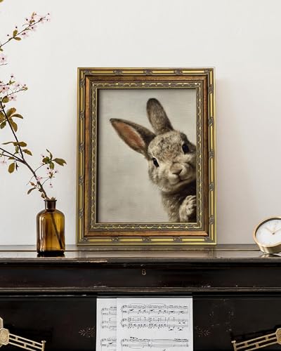 Vodefoad Vintage Rabbit Gold Framed Wall Art, Easter Peeking Bunny Canvas Wall Art Print, Antique Animal Neutral Vintage Artwork Pictures, Farmhouse Easter Framed Decor, Moody Rabbit Art for Gallery Bedroom Kitchen Office Living Room Bathroom Decor - 9x12