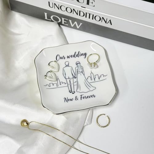 Romantic Gifts for Women Jewelry Dish, Our Wedding Now & Forever Ceramic Ring Dish Holder, Engagement Bridal Shower Gift for Bride Groom, Couple Trinket Tray for Wedding Anniversary Day - style: Our Wedding