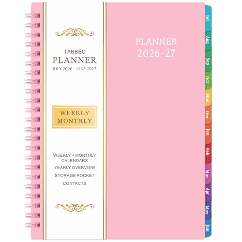 Planner 2026-2027 - 2026-2027 Planner Weekly and Monthly with Tabs, July 2026 - June 2027, 6.25" × 8.3", Strong Twin-Wire Binding - color: Pink