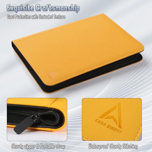 9 Pocket Card Binder - 540 Capacity with Zip Closure Premium, Double-Sided,Sturdy & Sleek PU Leather Protector for MTG, TCG, Sport & Collectible Cards (Yellow) - color: Yellow