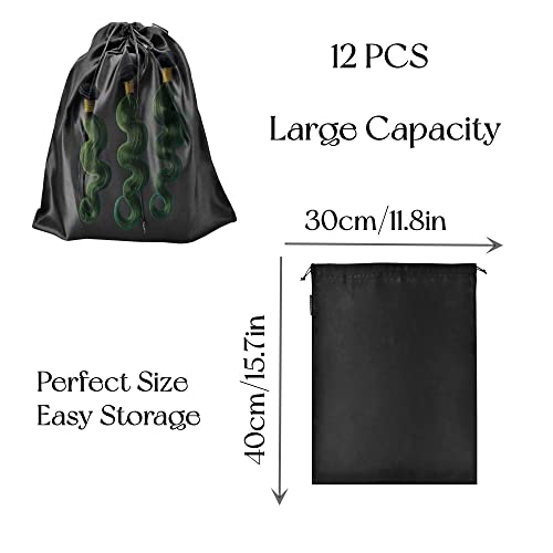 GONGKANGYUAN 12 Pcs Satin Wig Bags with Drawstring Satin Bag for Packaging Hair Extensions Wigs Soft Silk Pouches Hair Tools Storage Bags for Home and Salon (Black) - color: Black