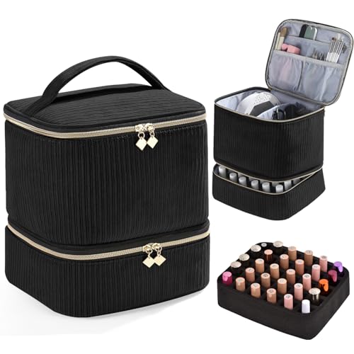 Corduroy Nail Polish Organizer and Nail Lamp Case, Nail Kit Organizer Holds 30 Bottles (15ml - 0.5 fl.oz) and a Nail Lamp, Nail Polish Carrying Case with Manicure Tools Storage Sections (Black) - color: Black