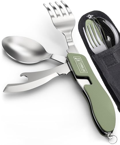 Orblue 4-in-1 Camping Eating Utensils, 2-Pack - Portable Spoon, Fork, Knife & Bottle Opener Combo Set - Stainless Steel Flatware with Detachable Fork - Backpacking Cutlery Multitool, Olive Green - color: 2-PACK Olive Green