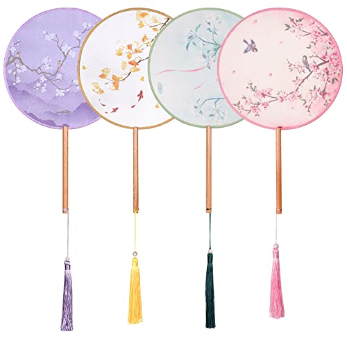 BAOZOON 4 Pcs Silky Translucent Ancient Round Fan Classic Silk Hand Held Fan Floral Pattern Palace Paddle Dance Fan with Tassel Wooden Handle Wedding Favor Gift Home Decor - color: Purple