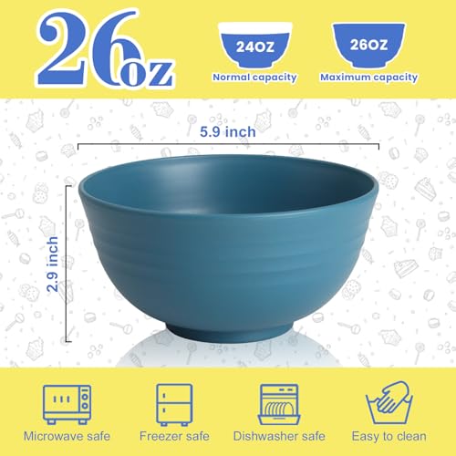 26 OZ Wheat Straw Bowls Set of 6, Reusable Plastic Kitchen Bowls, Unbreakable Bowls Set for Cereal, Salad, Snack, Soup, Ideal for Indoor & Outdoor, Microwave & Dishwasher Safe, Blue - color: Blue, size: 26 OZ