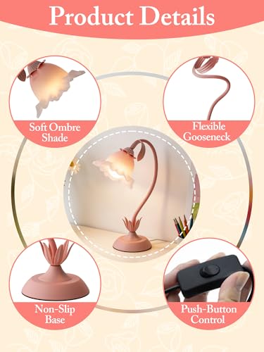 Pink Flower Table Lamp,Cute Lily Desk Lamp,Vintage LED Reading Light - color: Pink