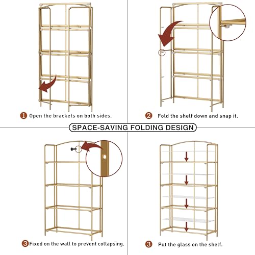 Crofy 4-Tier Wider Foldable Bookshelf, Gold Frame & Transparent Shelves - color: Gold Frame & Transparent Shelf, size: 4 Tier Wider
