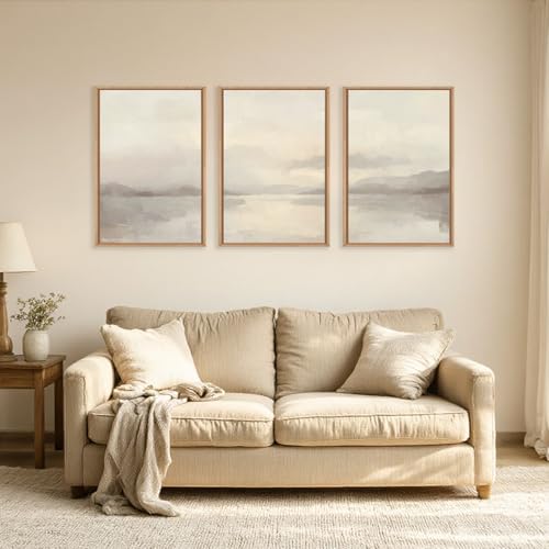 LHIUEM Large Abstract Neutral Beige Pastel Framed Canvas Wall Art,Modern Watercolor Lakes Wall Decor,Nature Mountain Minimalist Artwork for Living Room,Bedroom,Dining Room,Office-16 x24 x3 - color: Abstract Neutral Beige Pastel Wall Art, size: 24"L x 16"W