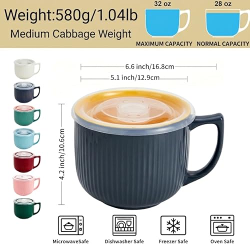Ceramic Soup Bowl with Handle & Lid, Large 32oz Microwave Ramen Bowl Gray - color: Gray/Yellow 32, size: 32 OZ
