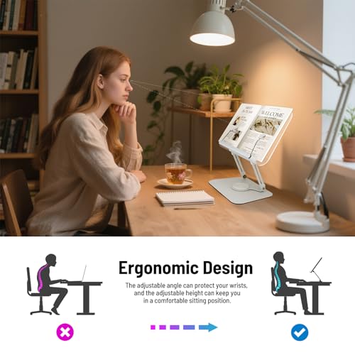 Acrylic Book Stand for Reading Hands Free - Adjustable 360° Rotating Cookbook Holder with Elastic Page Clips & Foldable Base, Multi-Angle Desktop Display Stand for Recipes, Textbooks, Tablets, Bibles - color: White