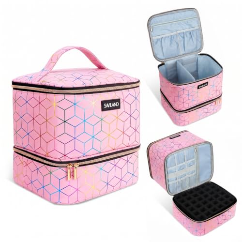SAVILAND PU Leather Nail Polish Organizer Bag for Nail Tech, Pink - color: A-Pink