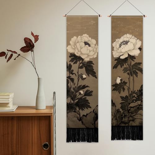 PLIGREAT 2 Pack Japanese Peony Vertical Tapestry with Tassels Elegant Flower Wall Hanging for Bedroom Bathroom Living Room Warm Long Narrow Wall Hanging Dorm Room Home Art Decor - color: white,brown