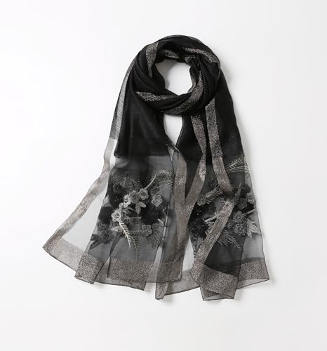 Jeelow Long Silk Blend Embroidered Floral Shawl Scarf Wrap for Women - color: Black