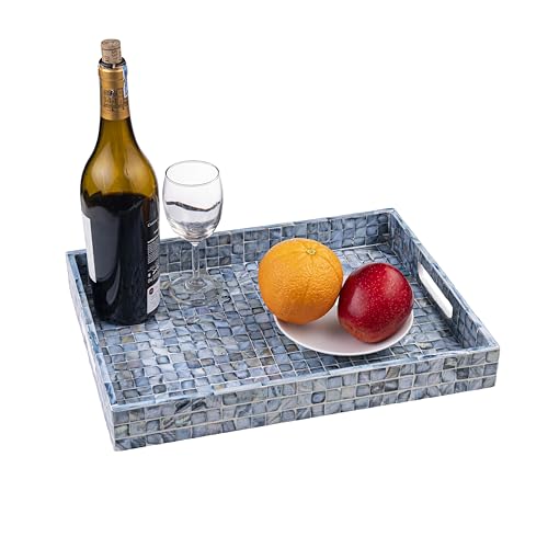 PEMAR Rectangular Mother of Pearl Serving Tray Nacre Wood Lap Ottoman Tray for Coffee Table, Luxury Decorative Handmade Eating Platters w Insert Handles (Blue) - color: Blue