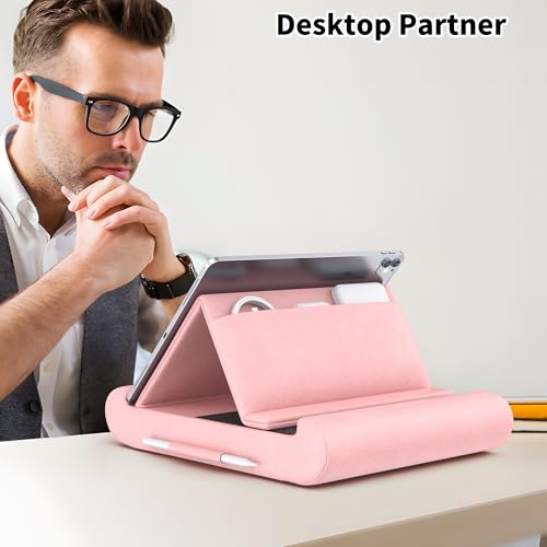 Tablet Pillow Stand, Foldable Tablet Holder for Lap, Bed, Soft Pillow Pad - color: Pink