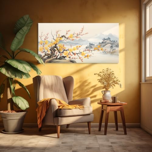Traditional Chinese Painting - Asian Wall Art: Yellow Plum Blossom Canvas, Cherry Blossom Landscape, Framed, Ready to Hang for Living Room Decor - color: Yellow-One Piece, size: 24"L x 12"W