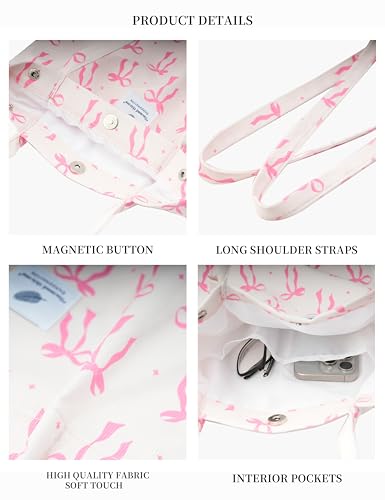 Corduroy Tote Bag Cute Tote Bags for Women Shoulder Bag with Inner Pocket for Work Beach Travel and Shopping Grocery - style: Bow Pink